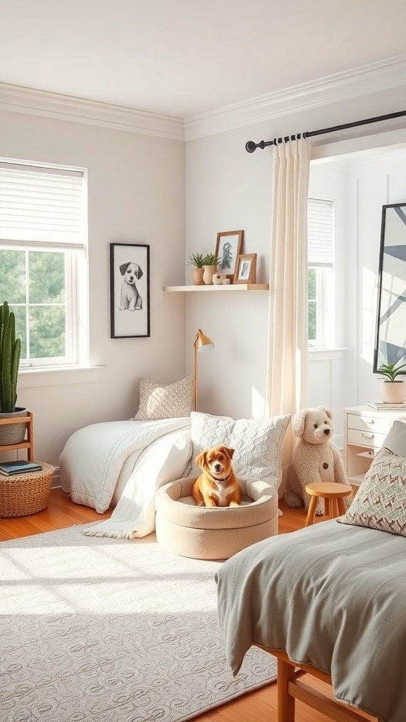 A cozy pet corner in a living room featuring a dog bed, plush toys, and decorative elements.