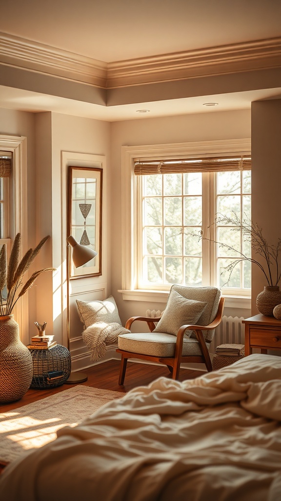 A cozy reading nook in a warm bedroom with a chair, side table, and natural decor.