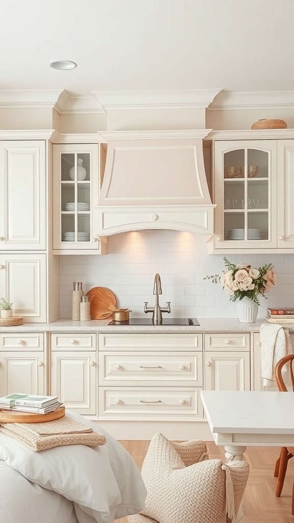 A kitchen featuring ivory cabinetry and soft blush accents, with a cozy and inviting atmosphere.