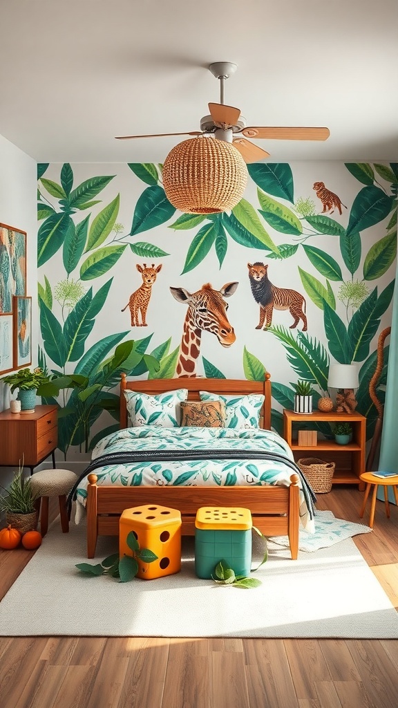 A children's room decorated with jungle safari theme featuring animal murals and leafy patterns.