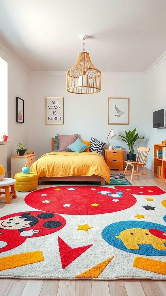 Colorful kids' playroom rug with fun characters and shapes