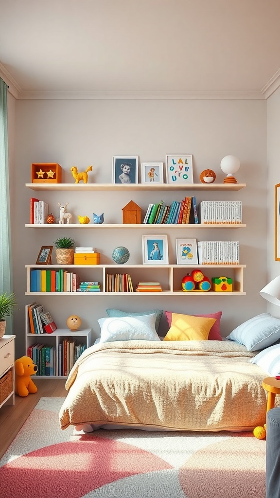 Colorful kids' room with shelves displaying books and toys