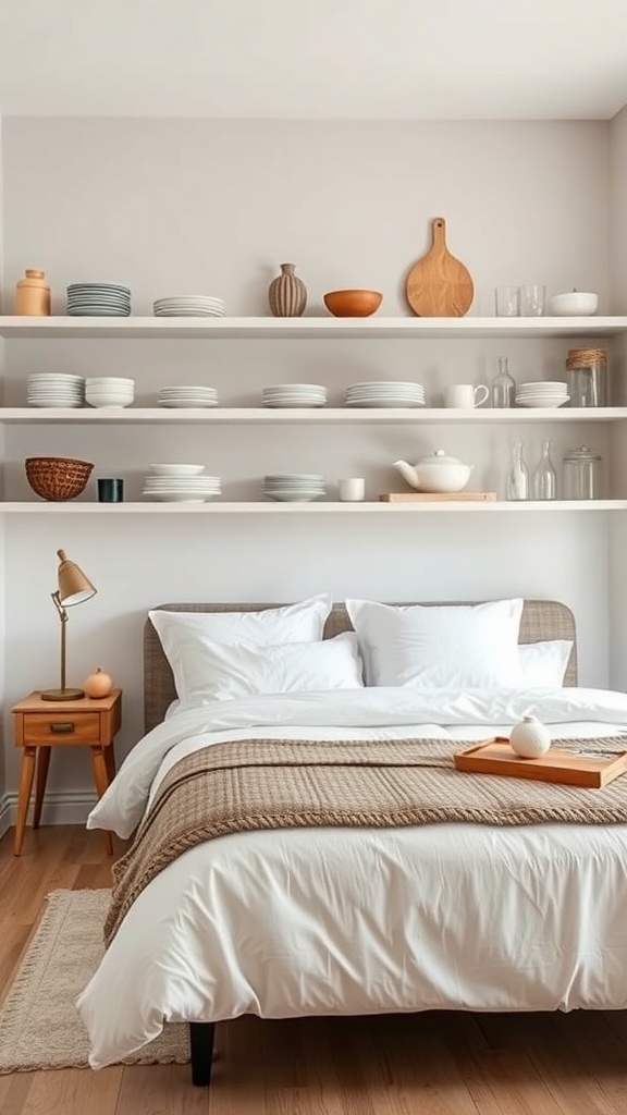 Open kitchen shelves displaying plates, bowls, and decorative items.