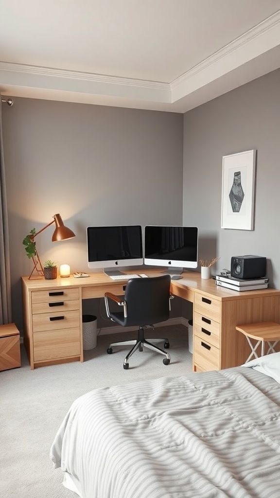 L-shaped study area in a bedroom with two monitors, a wooden desk, and a stylish lamp.