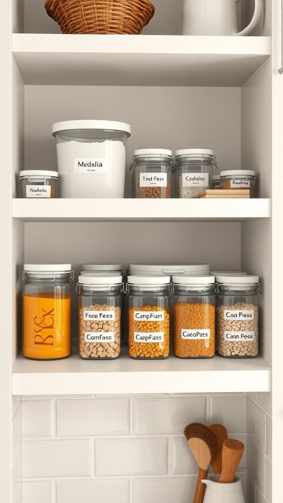 Organized kitchen shelf with labeled containers and a basket.
