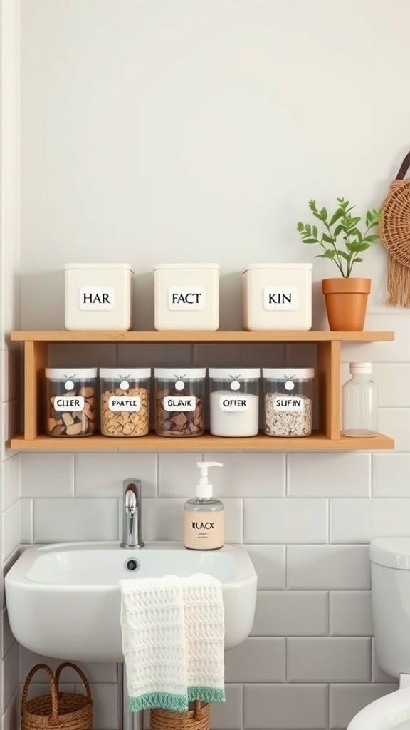 Organized bathroom shelf with labeled storage containers and a small plant.