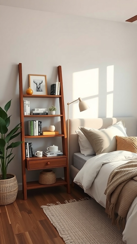 A wooden ladder shelf nightstand with books, a framed picture, and a small plant beside a bed.