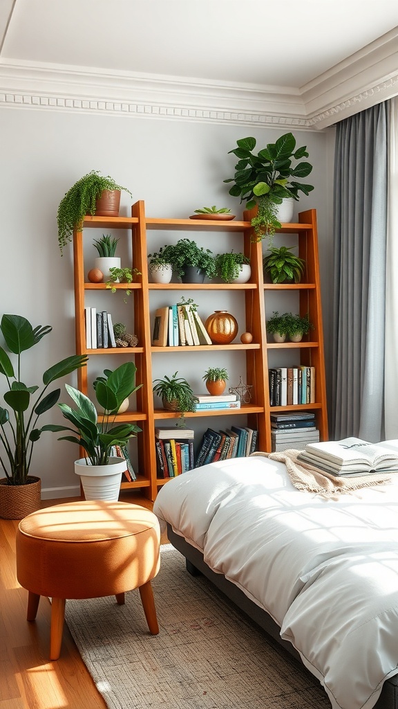 A cozy bedroom featuring a wooden ladder shelf filled with books and plants, alongside a comfortable ottoman.