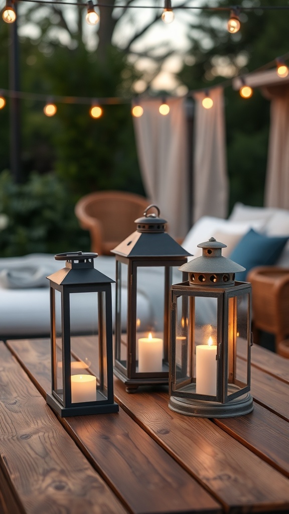 Three decorative lanterns with candles on a wooden table in an outdoor setting
