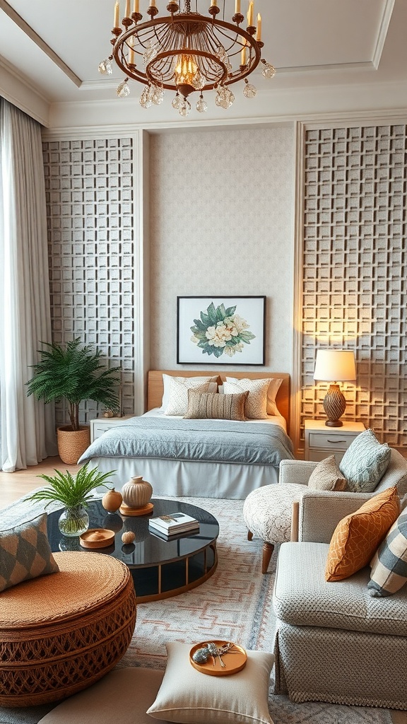 A stylish living room with lattice partitions, showcasing a cozy bedroom area and decorative elements.