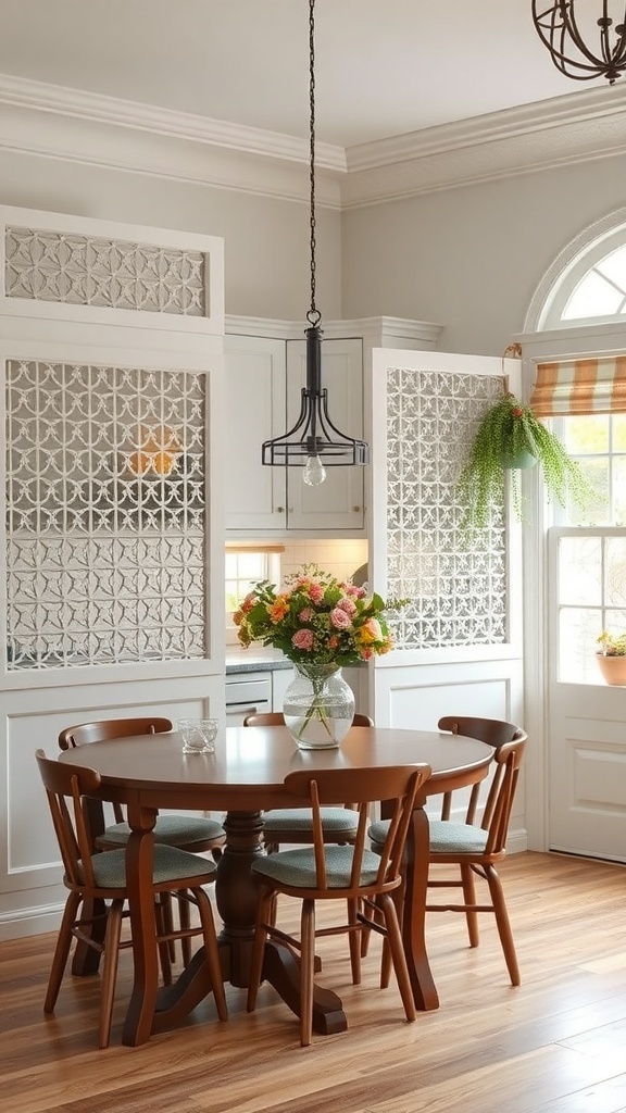 Cozy dining area with lattice screens separating the kitchen, featuring a table and floral centerpiece.