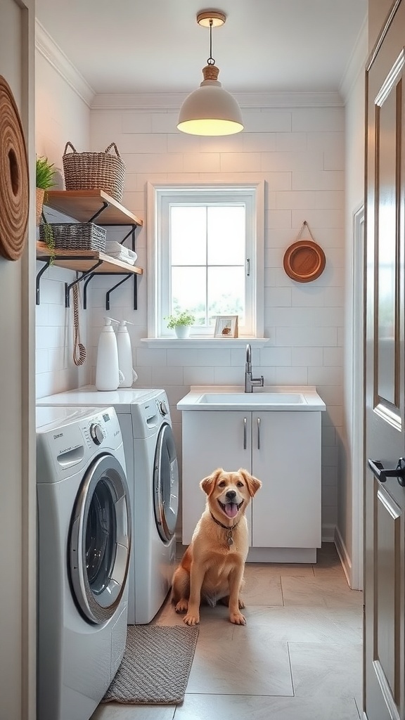 A narrow laundry room featuring a dog sitting on a mat, with modern washing machines and open shelving.