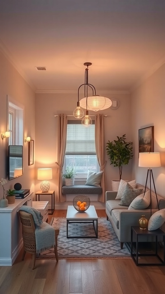 A cozy small living room with layered lighting, showcasing a pendant light, floor lamp, and table lamp.