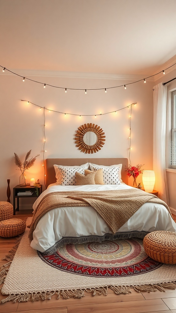 A cozy boho bedroom with layered lighting, featuring string lights, a bedside lamp, and warm decorative elements.