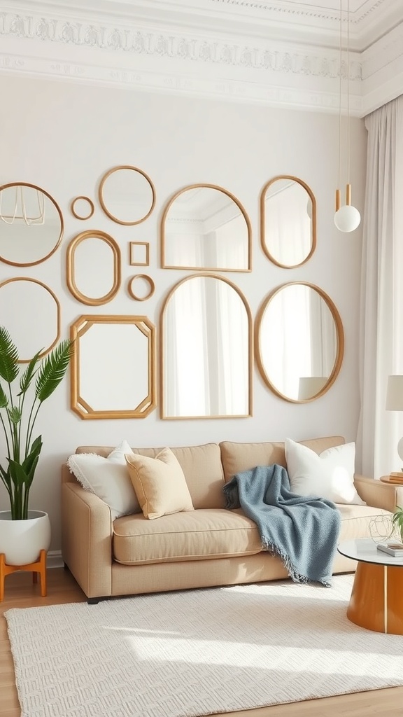 A living room featuring a layered arrangement of mirrors in various shapes and sizes on a wall, with a cozy couch and plants.