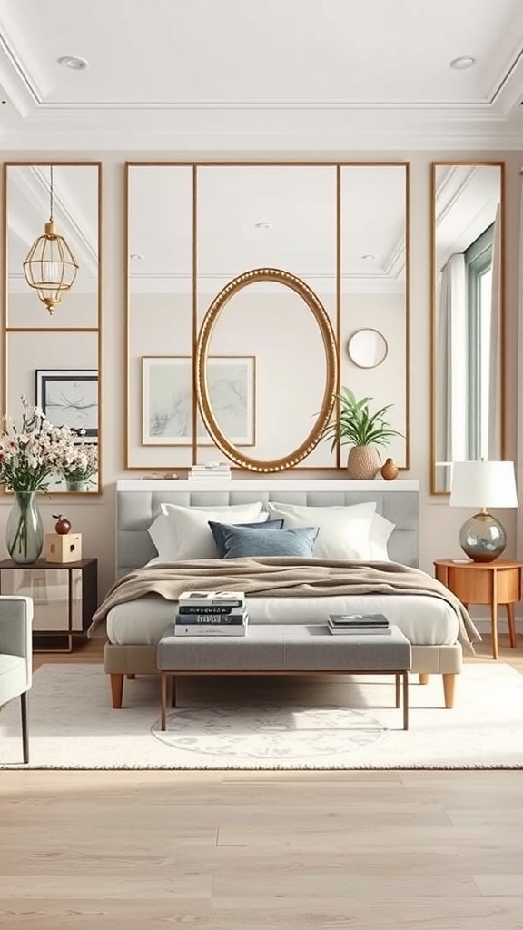 A stylish living room featuring layered mirrors, including a large oval mirror and rectangular mirrors, creating depth and visual interest.