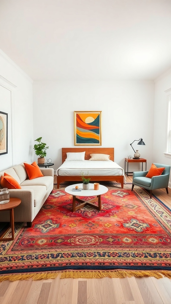 A colorful living room featuring a layered red rug, light-colored furniture, and vibrant accents.