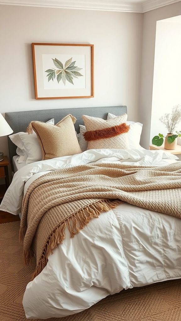 A cozy bedroom with layered textiles, featuring a bed with white bedding, a chunky knit throw, and decorative pillows.
