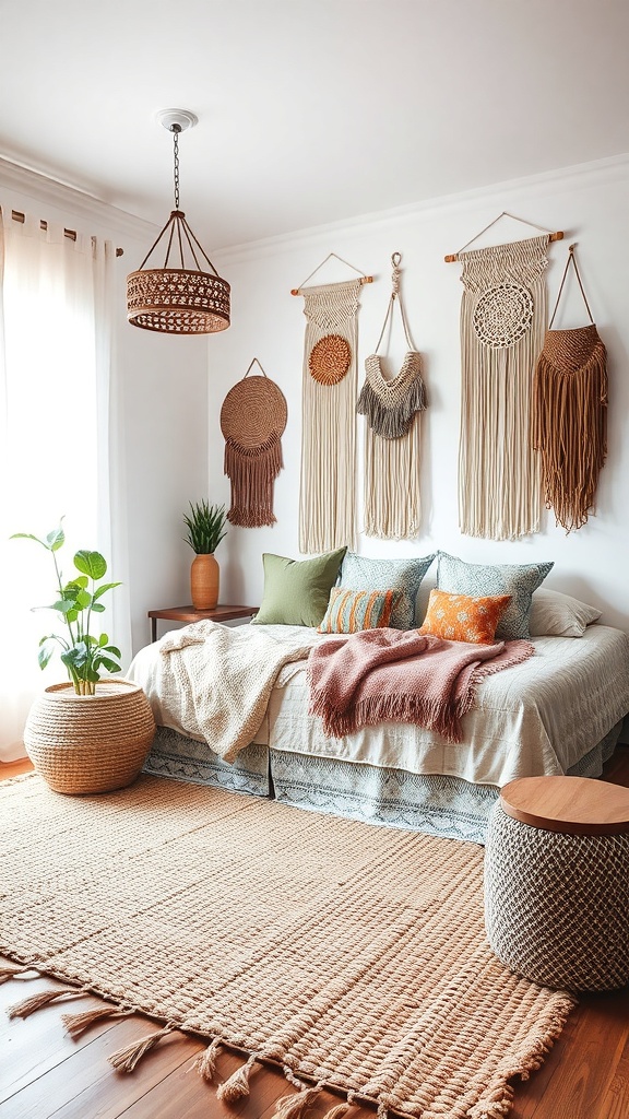 A cozy boho bedroom featuring layered textures with woven wall hangings, colorful pillows, and natural fiber rugs.