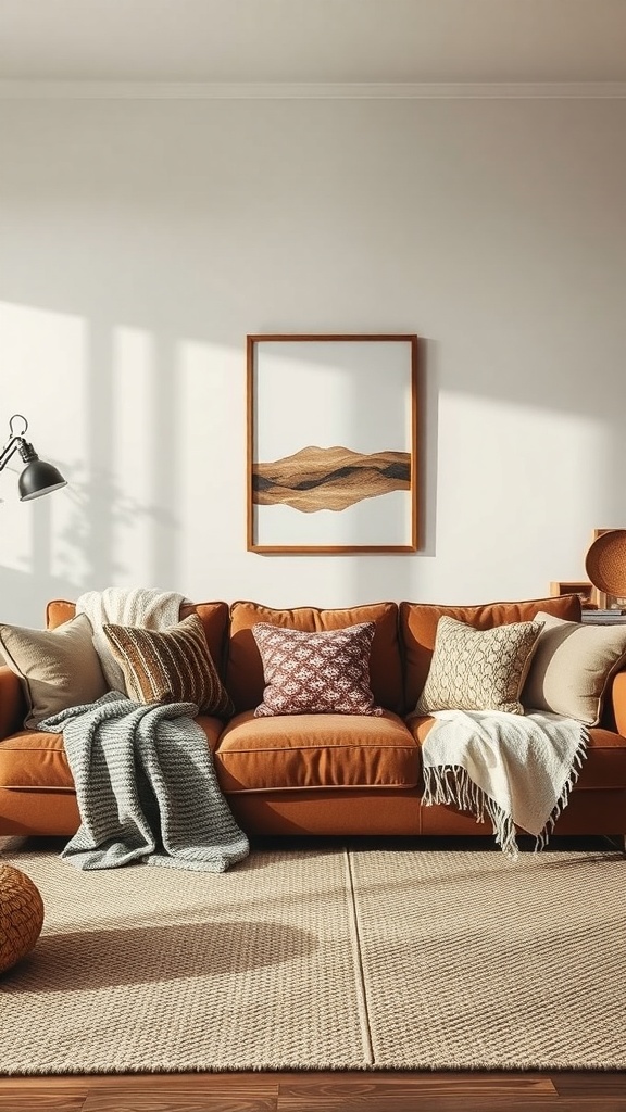 Cozy living room featuring a brown sofa with layered textures, decorative pillows, and a soft throw.