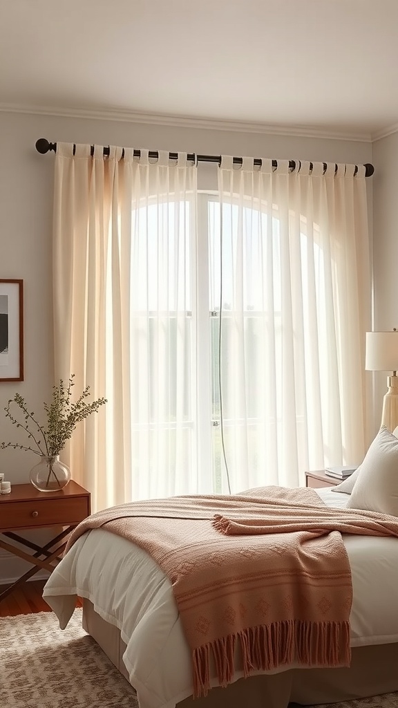 A cozy bedroom with layered curtains on a double curtain rod, featuring sheer and heavier fabrics.