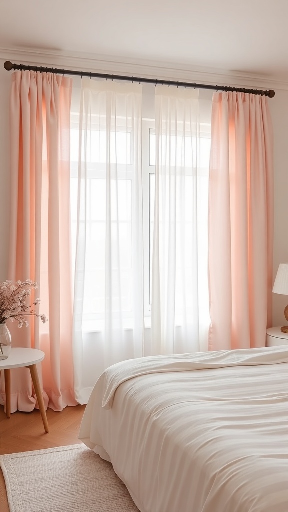 A bedroom with layered curtains featuring sheer white and soft peach drapes, creating a warm and inviting atmosphere.