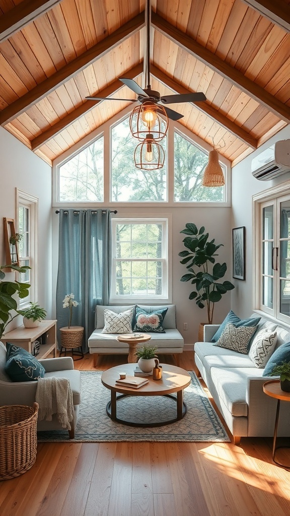 Cozy tiny house interior with layered lighting and natural elements.