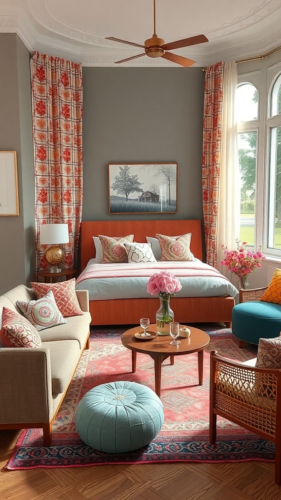 A cozy bedroom with layered patterns and textures, featuring floral curtains, patterned cushions, and a vibrant rug.