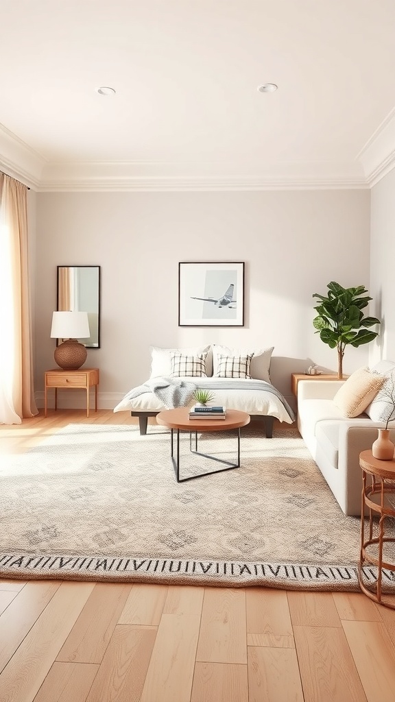 A cozy beige living room featuring layered rugs, a comfortable sofa, and natural light.