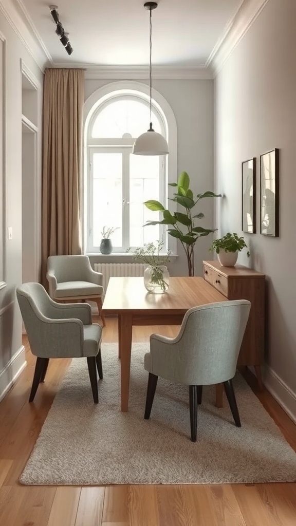 A cozy narrow dining room featuring a wooden table and upholstered chairs, complemented by a rug and greenery.