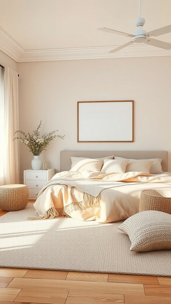 A cozy beige living room with layered textures, featuring a bed with pillows, woven baskets, and a soft rug.