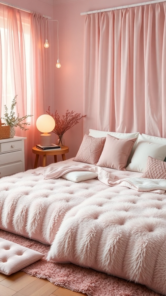 Cozy pink bedroom with layered textures in bedding and curtains