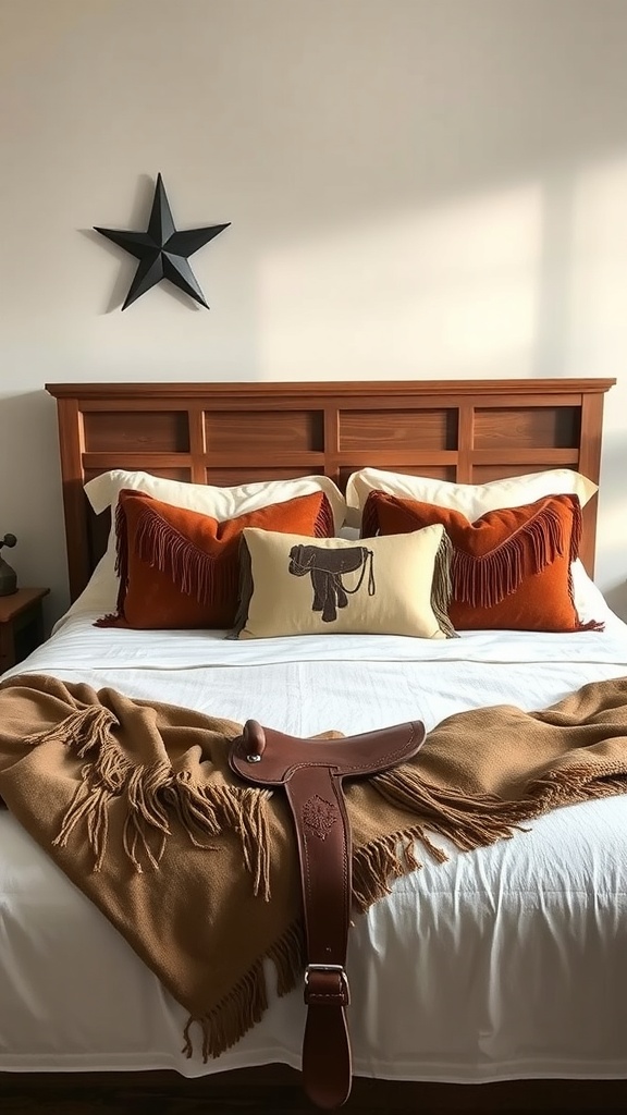 A western-themed bedroom featuring a bed with leather and fringe textiles, warm-colored pillows, and a star decoration on the wall.