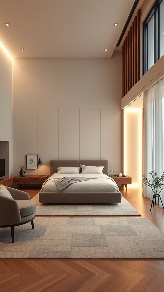 A modern bedroom with LED lighting creating a cozy atmosphere.