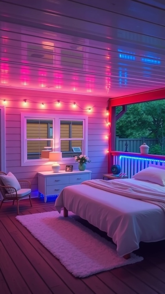 A cozy outdoor space featuring LED strip lights illuminating a deck with a bed and furniture.