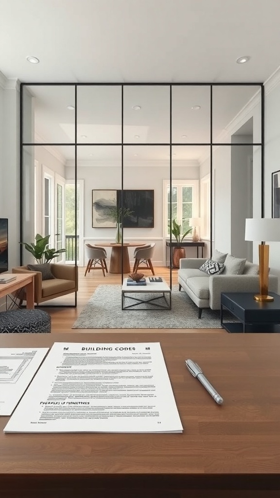 A modern interior space featuring glass partition walls separating different areas, with building codes documents on a desk in the foreground.