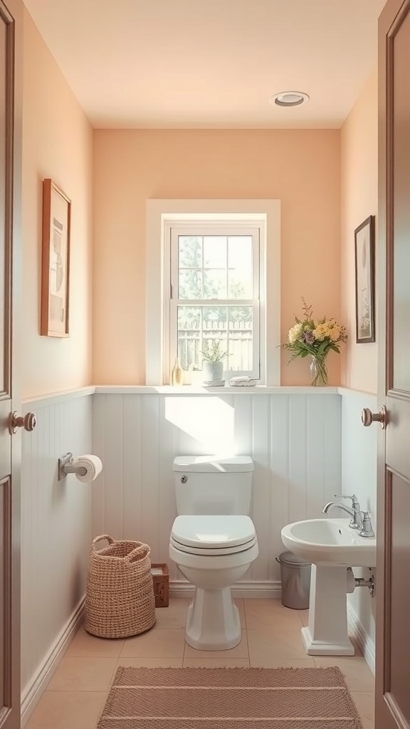 A small toilet room featuring peach walls, white wainscoting, and natural light from a window.