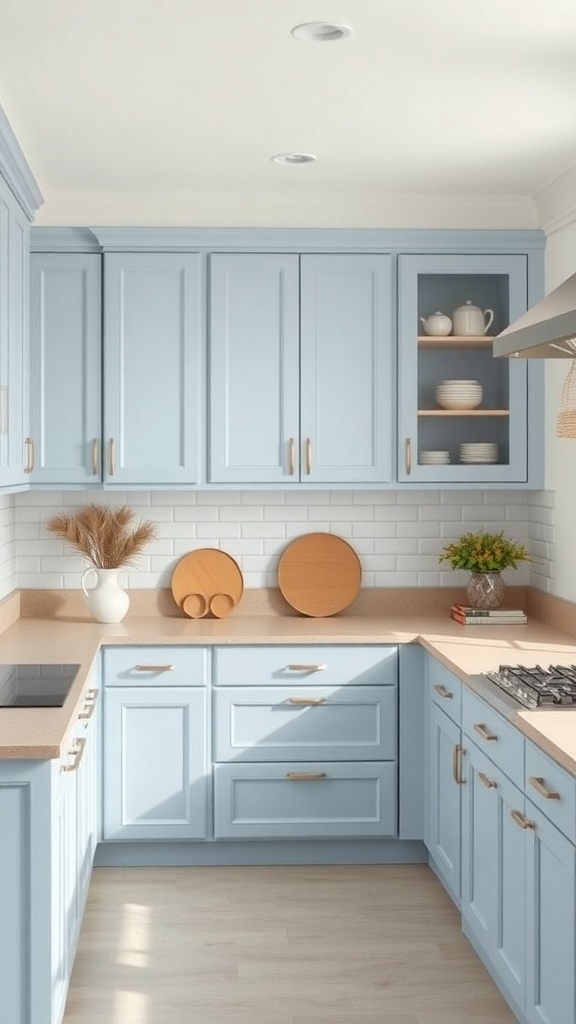 A kitchen featuring light blue cabinets and sandy beige countertops, with natural wood accents.