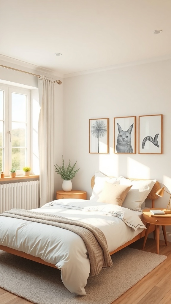 Light color palette tiny bedroom with cozy bed, wooden furniture, and wall art