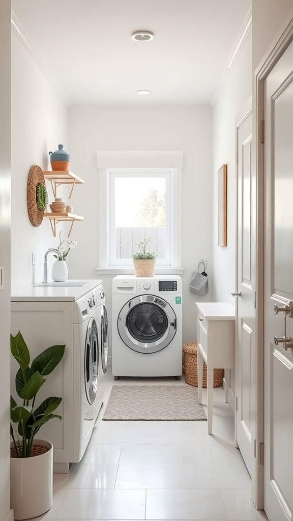 A bright, narrow laundry room with white walls and modern appliances, featuring plants and shelves.