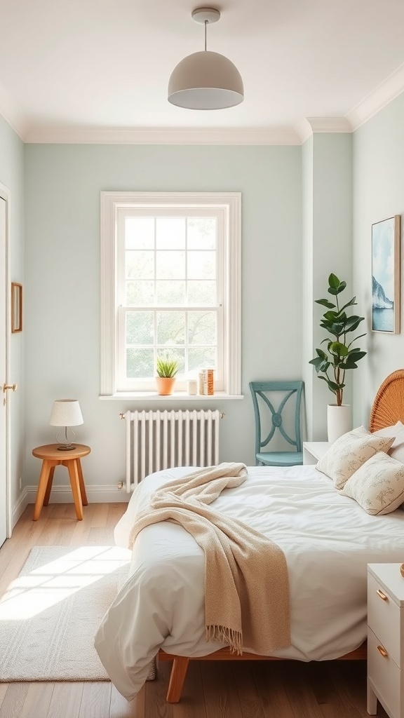 A light-colored tiny bedroom featuring pastel green walls, light wood furniture, and cozy decor.