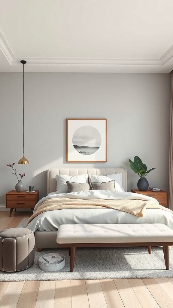 A modern bedroom featuring light grey walls, stylish bedding, and wooden furniture.