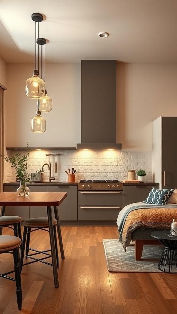 Cozy kitchen and living area with stylish pendant lights and warm lighting.