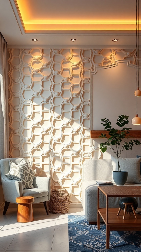 A modern living space with decorative partition, emphasizing lighting effects