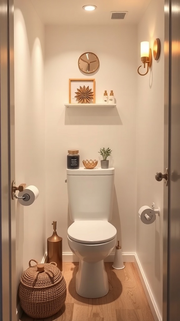 A small, well-lit toilet room featuring recessed lights, a wall sconce, and minimalist decor.