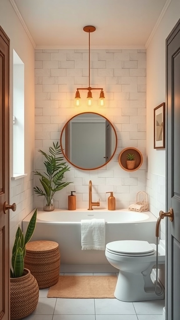 Cozy small bathroom with warm lighting, plants, and modern decor