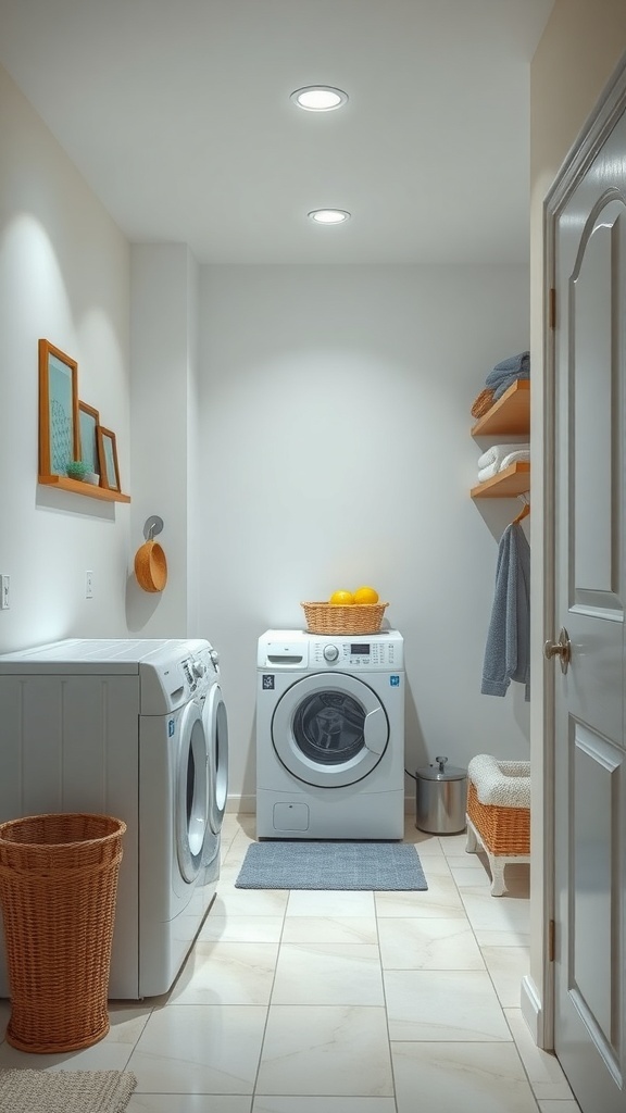 Brightly lit narrow laundry room with white appliances and decorative storage.