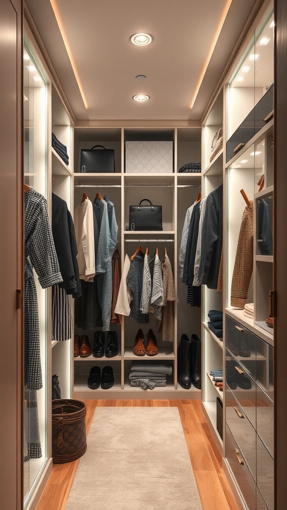 A narrow walk-in closet featuring strategic lighting solutions, including recessed ceiling lights and LED strip lights for enhanced visibility.