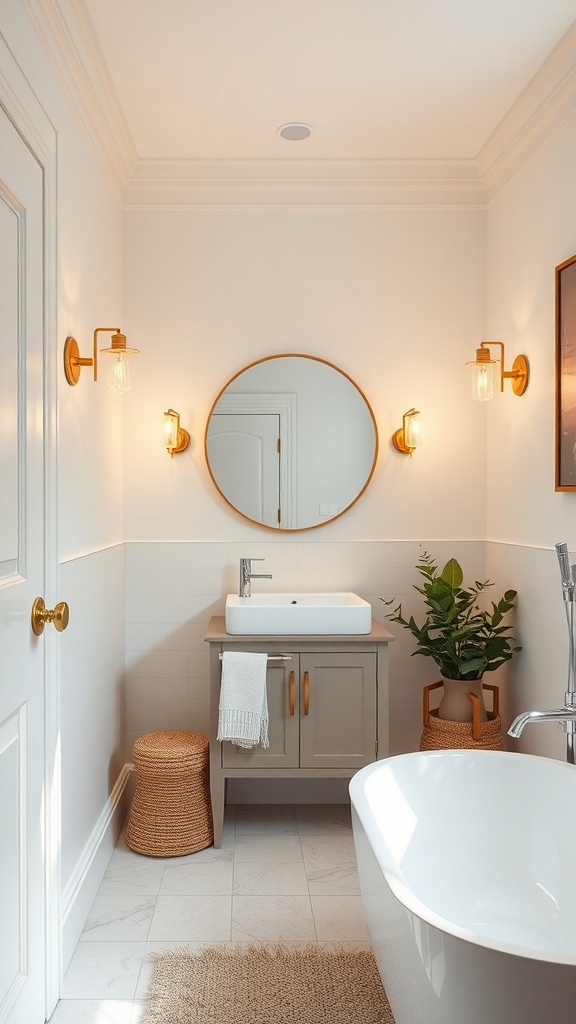 A stylish tiny ensuite bathroom featuring a round mirror, wall sconces, and a plant.