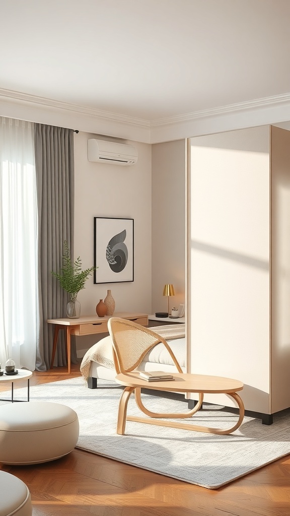 A cozy living room featuring a lightweight room divider, stylish furniture, and natural light.